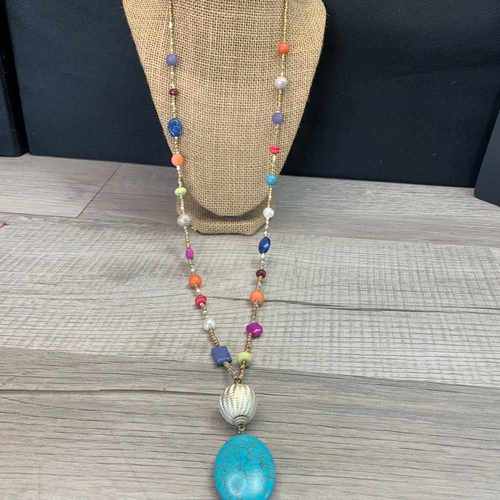 Chico's Multi Color Beaded Long Necklace Turquoise Magnesite Pendant 36 Inch